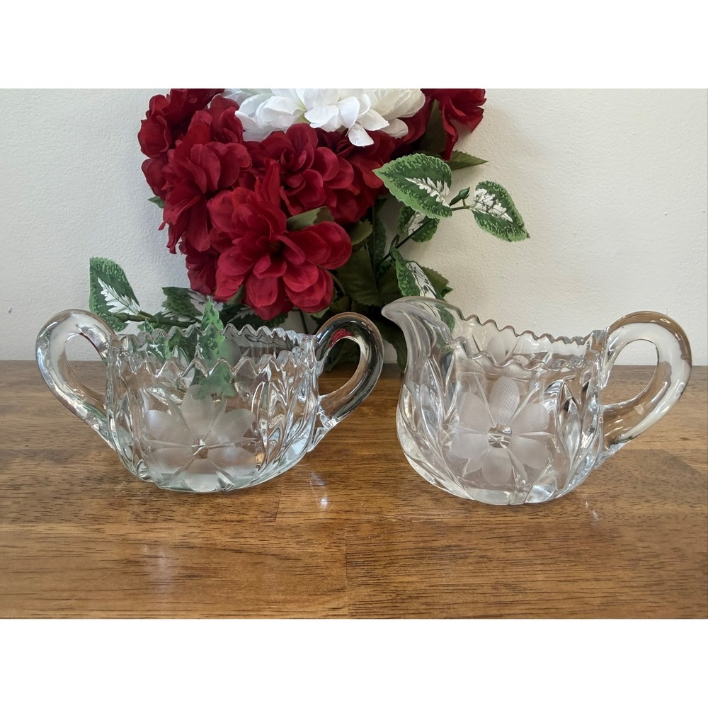 Vintage Cut Crystal Cream and Sugar Set Floral Etched Clear‎ Heavy